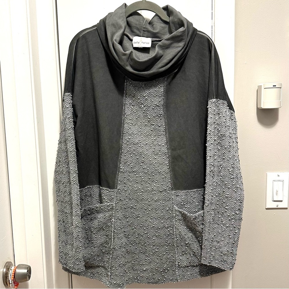 Belle France Gray Cowl Neck Textured Sequin Long Slv Tunic Sweater Top L Italy